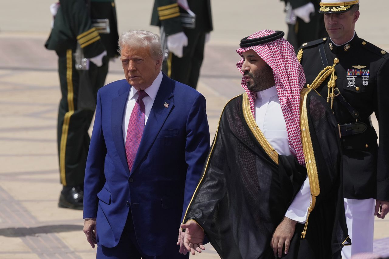 President Donald Trump speaks with Saudi Crown Prince Mohammed bin Salman at an arrival ceremony at the Royal Terminal of King Khalid International Airport in Riyadh, Saudi Arabia, on Tuesday.