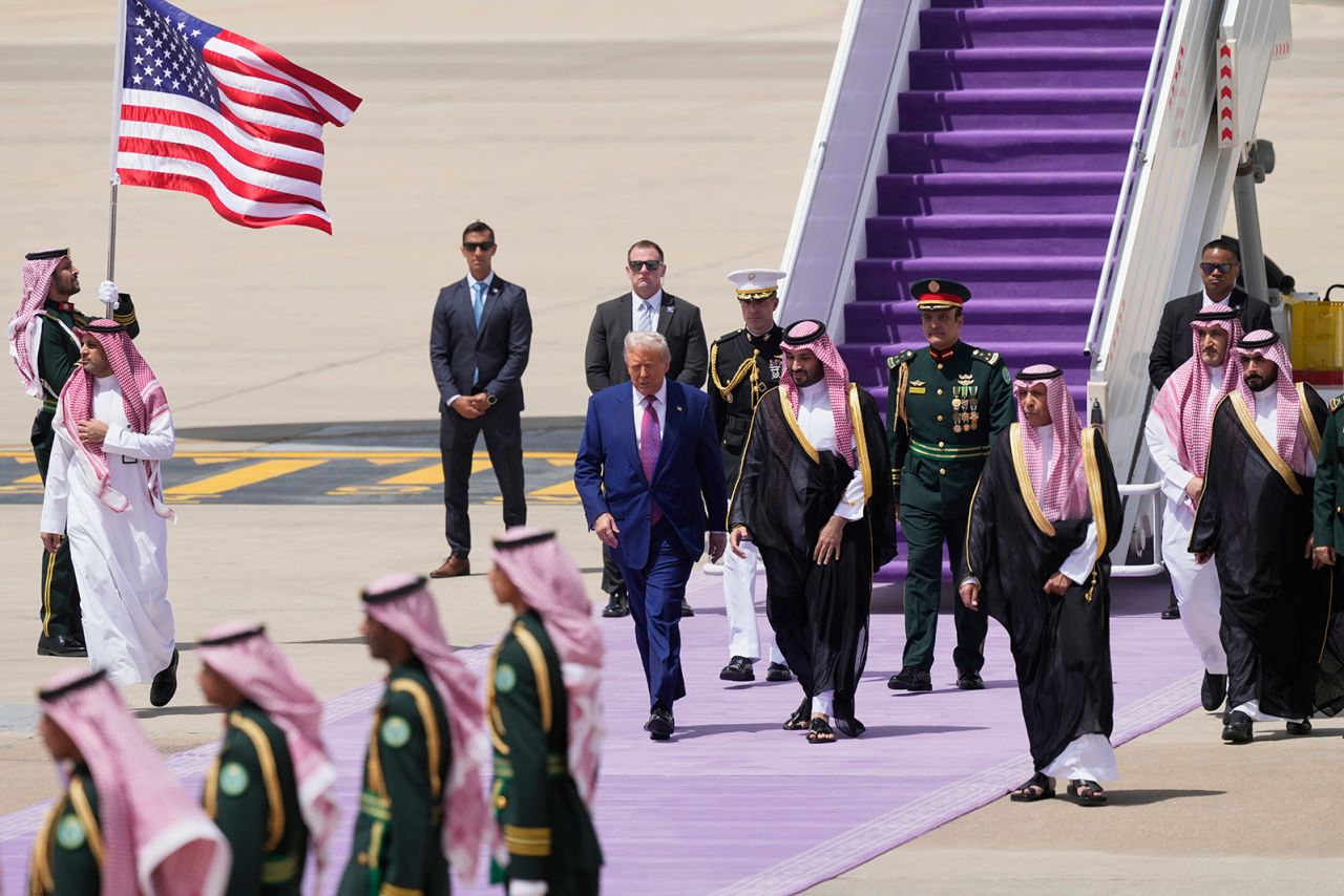 President Donald Trump walks with Saudi Crown Prince Mohammed bin Salman during an arrival ceremony at the Royal Terminal of King Khalid International Airport in Riyadh, Saudi Arabia, on Tuesday.