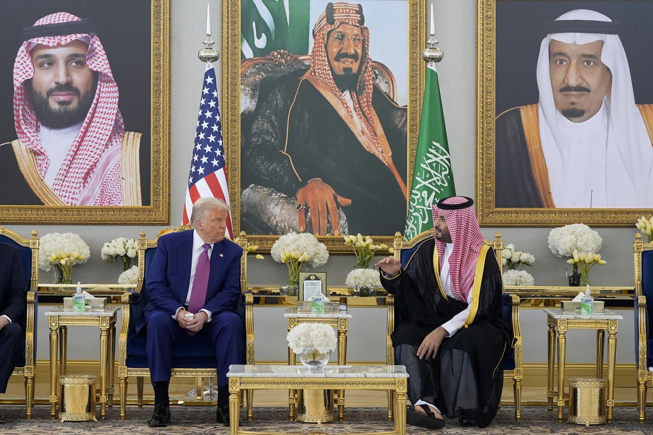 President Donald Trump, left, and Saudi Crown Prince Mohammed bin Salman speak during a coffee ceremony at the Royal Terminal of King Khalid International Airport in Riyadh, Saudi Arabia, on Tuesday.