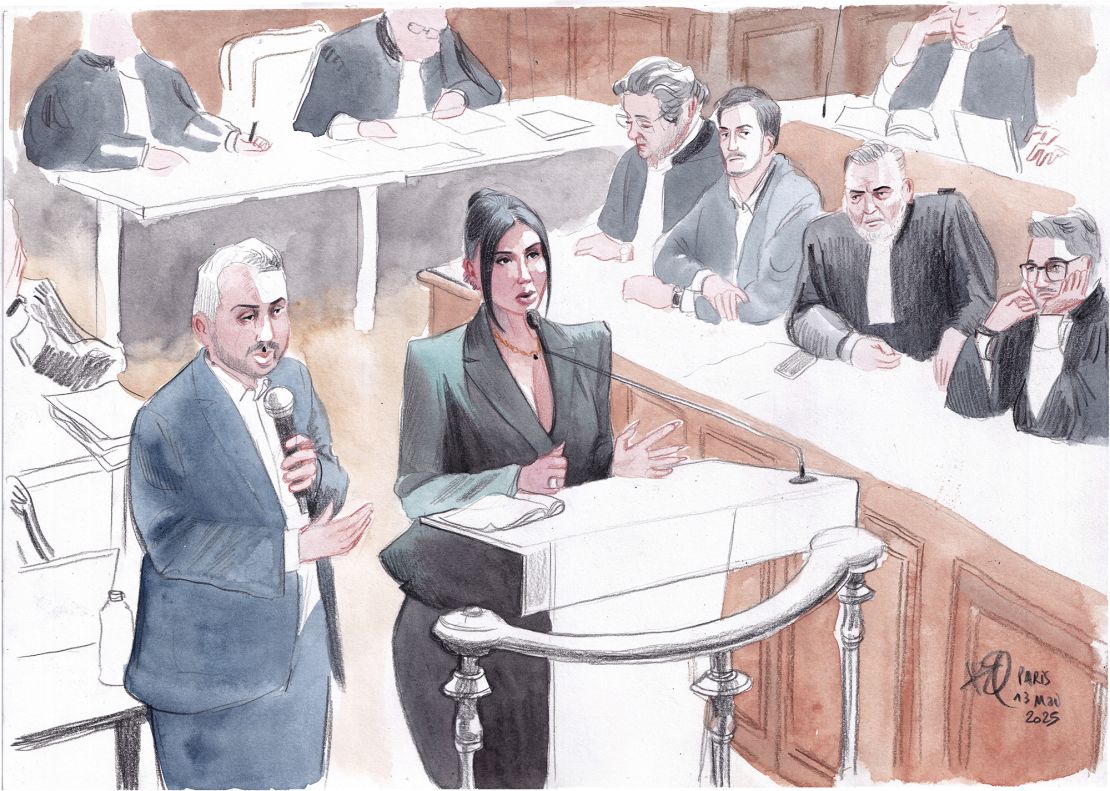In this artist sketch, Kardashian testifies in a court in the French capital on May 13.