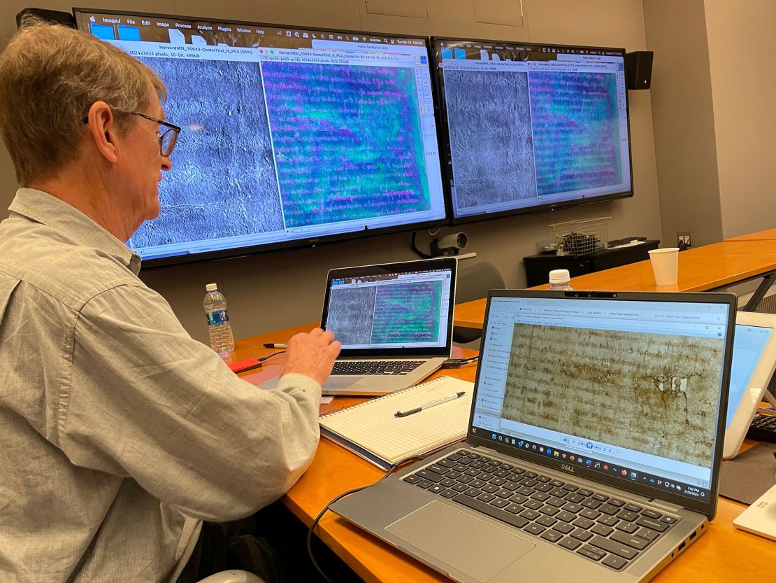 Imaging technology being used to help its librarians examine a faded copy of Magna Carta in Cambridge, Massachusetts.