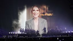 Former Eurovision Song Contest winner Celine Dion, speak in a pre-recorded video message during the first semi-final of the 69th Eurovision Song Contest, in Basel, Switzerland, Tuesday, May 13, 2025. (AP Photo/Martin Meissner)
