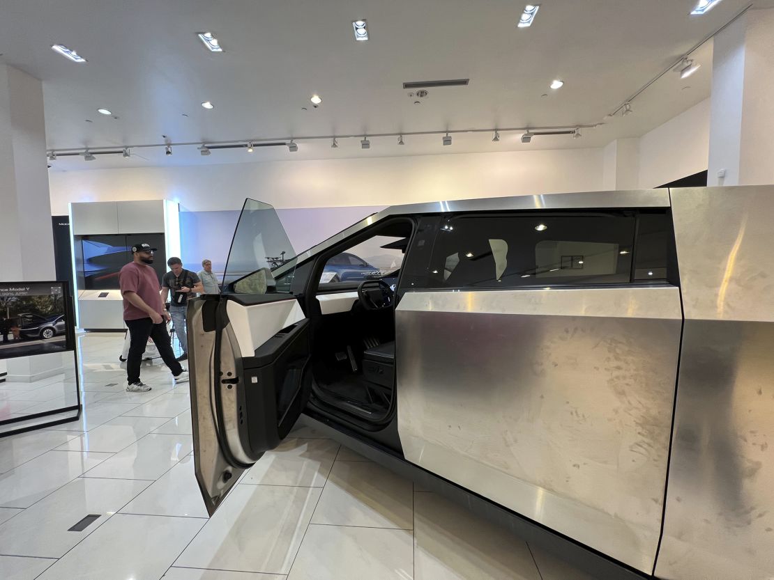 A Cybertruck electric vehicle is viewed inside a Tesla showroom at The Florida Mall on May 13 in Orlando, Fla.