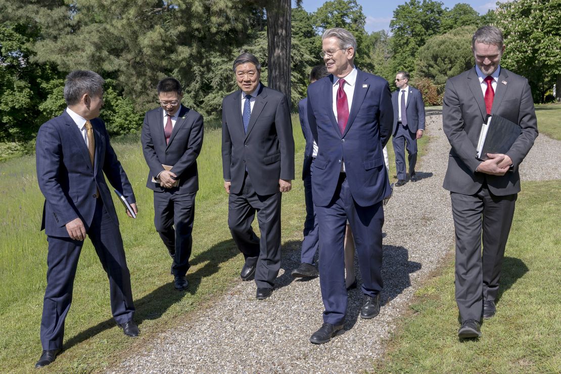 US Secretary of the Treasury Scott Bessent, US Trade Representative Jamieson Greer, Chinese Vice Premier He Lifeng, and Chinese ambassador to the World Trade Organization Li Chenggang, speak in Geneva, Switzerland, on May 10.