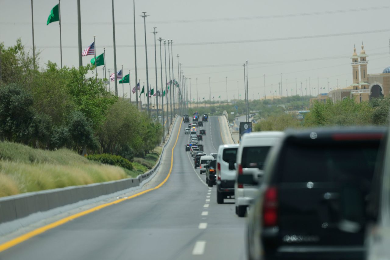 The motorcade of President Donald Trump drives to King Khalid International Airport in Riyadh, Saudi Arabia, on Wednesday.