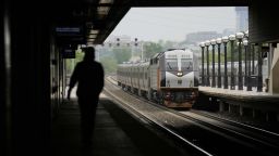 A NJ Transit train pulls into the Secaucus Junction station.