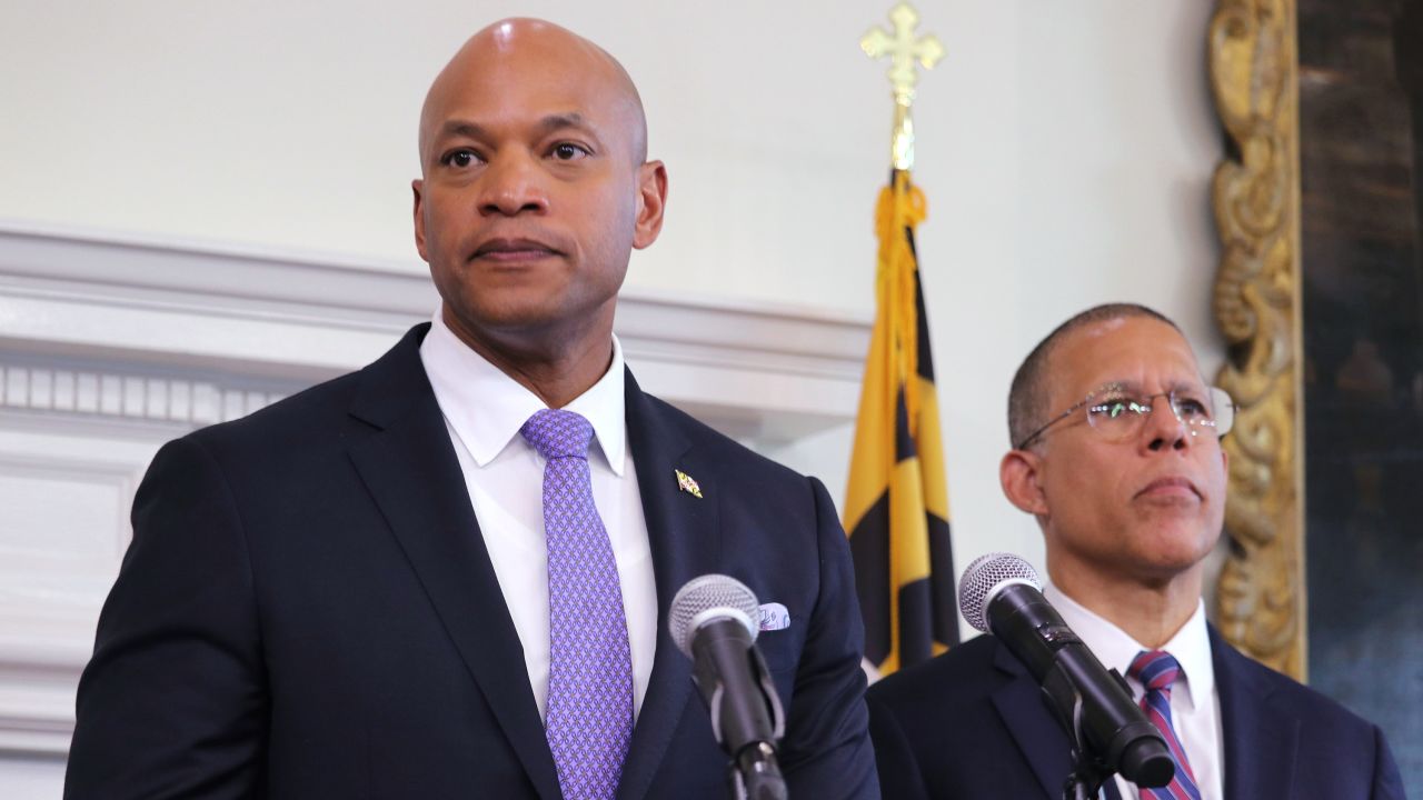 Maryland Gov. Wes Moore speaks at a news conference on Thursday, May 15, 2025 in Annapolis, Md., Maryland Attorney General Anthony Brown is standing right.