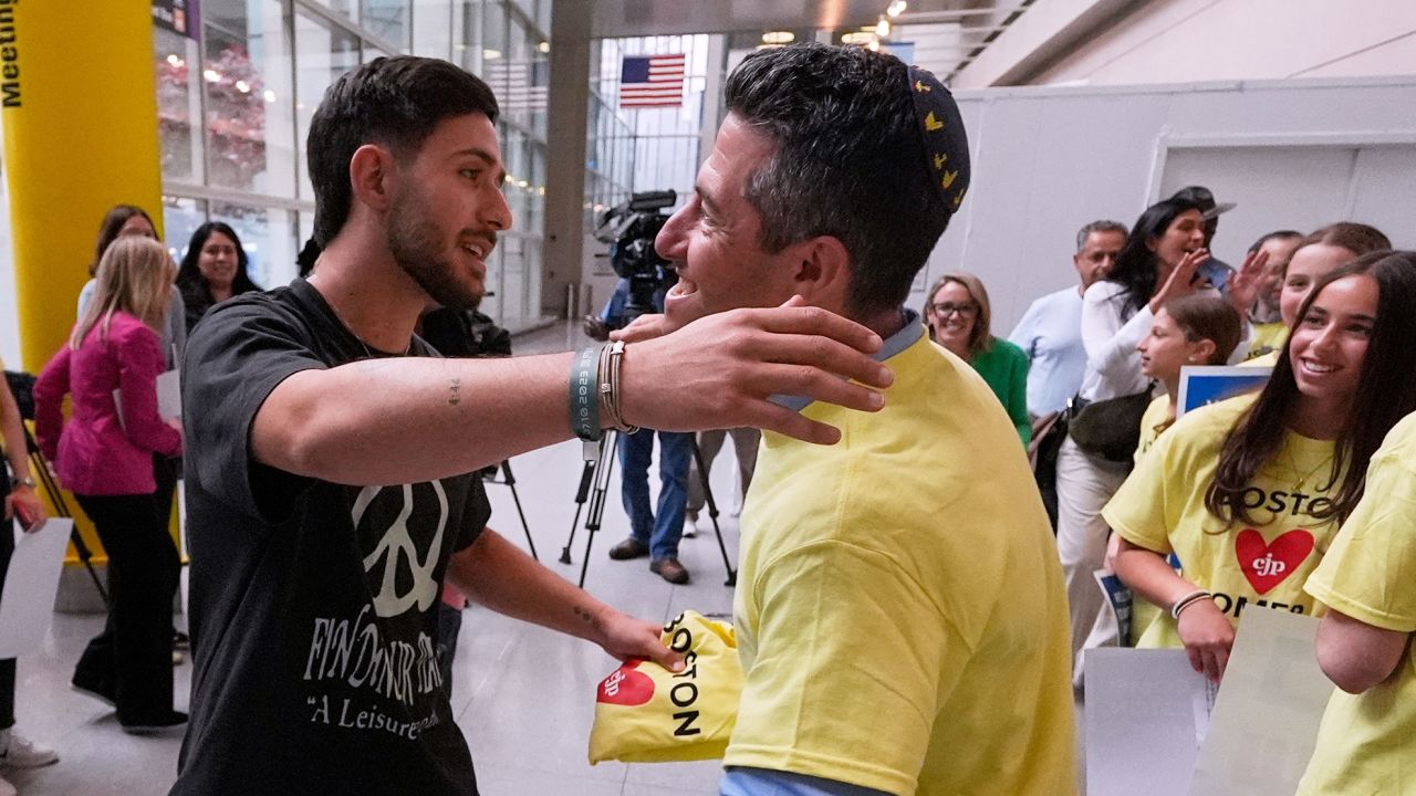 Omer Shem Tov, an Israeli hostage who survived over 500 days in Hamas captivity, is welcomed during his arrival at Logan Airport in Boston, on May 15, 2025.