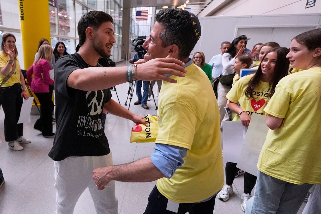 Omer Shem Tov is welcomed during his arrival at Logan Airport in Boston, on May 15.
