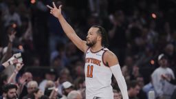 New York Knicks' Jalen Brunson (11) gestures to fans during the second half of Game 6 in the Eastern Conference semifinals of the NBA basketball playoffs against the Boston Celtics Friday, May 16, 2025, in New York. (AP Photo/Frank Franklin II)