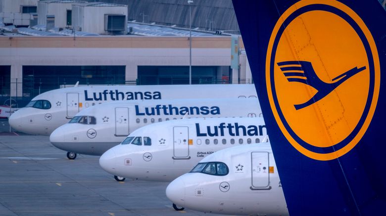 Lufthansa aircrafts are parked at the airport in Frankfurt, Germany, on Thursday, March 7, 2024.