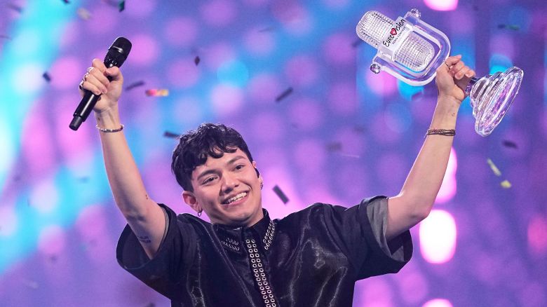 Winner of the Eurovision Song Contest, JJ from Austria, holds up the trophy onstage after winning the 69th Eurovision Song Contest in Basel, Switzerland.