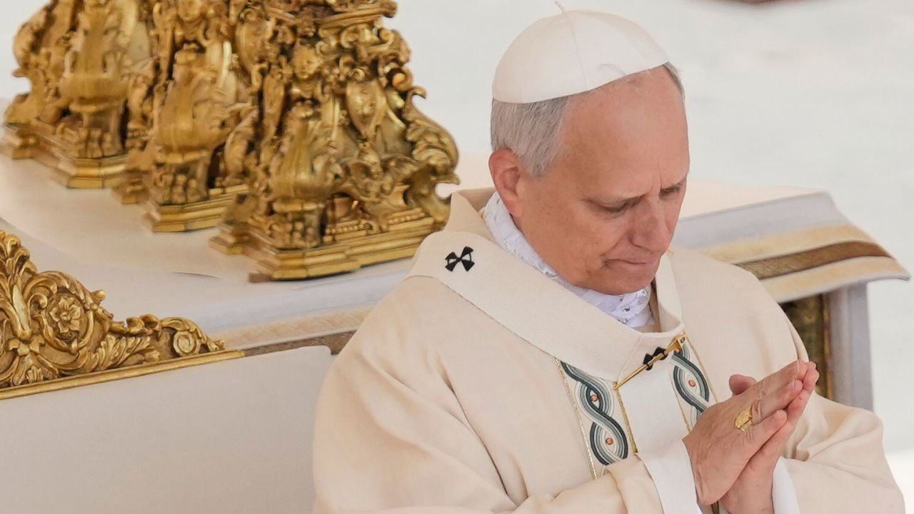 Pope Leo XIV wears the fisherman's ring, a symbol of the papacy, during a Mass for the formal inauguration of Pope Leo XIV's pontificate, in St. Peter's Square, at the Vatican, Sunday, May 18, 2025.(AP Photo/Gregorio Borgia)