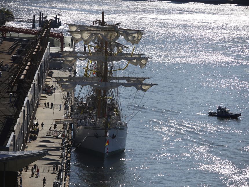 The Mexican Navy sailboat that crashed into the Brooklyn Bridge remains moored in lower Manhattan.
