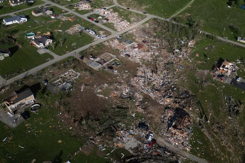 A path of destruction is seen on Sunday, in London, Kentucky, after storms moved through the area.