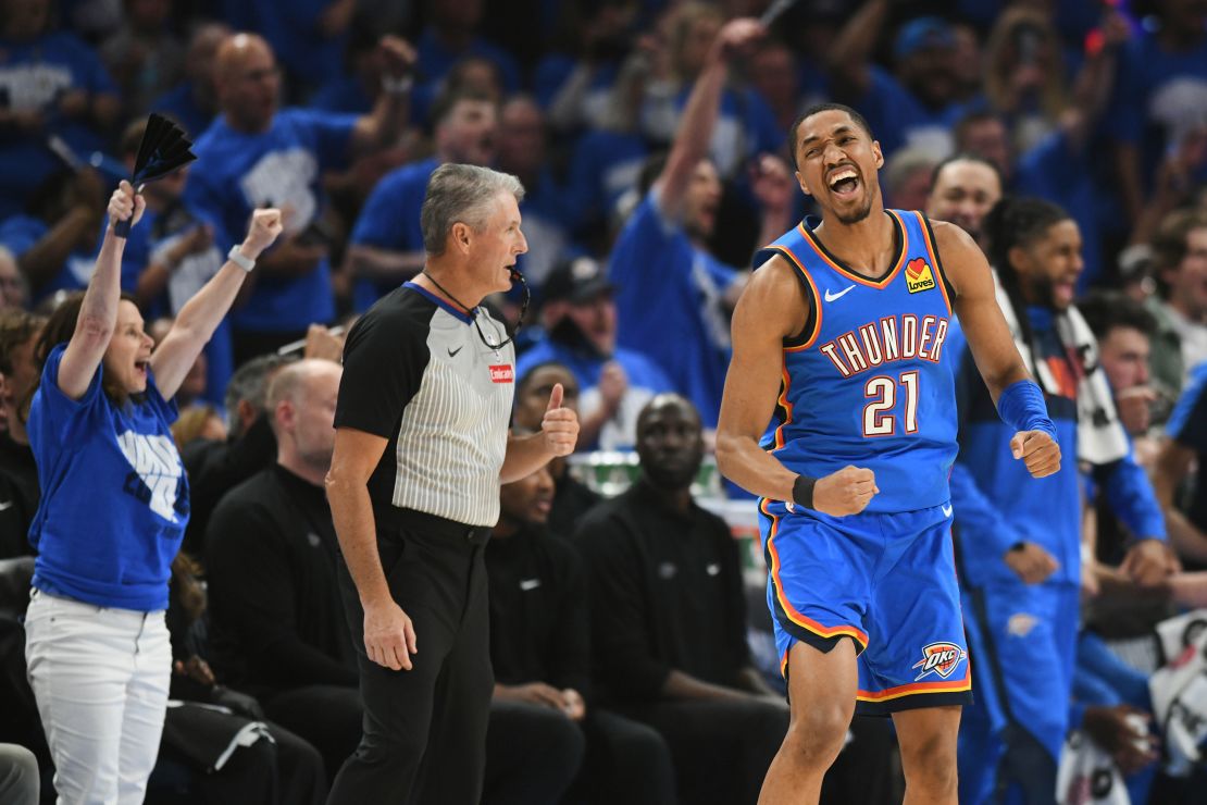 Thunder guard Aaron Wiggins celebrates after sinking a basket in the first half.