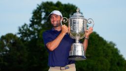 Scottie Scheffler holds the Wanamaker trophy after winning after winning the PGA Championship golf tournament at the Quail Hollow Club, Sunday, May 18, 2025, in Charlotte, N.C. (AP Photo/Matt York)