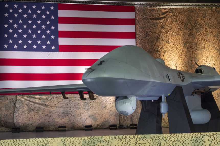 A MQ-9 Reaper drone is on display before President Donald Trump speaks at Al Udeid Air Base, Thursday, May 15, 2025, in Doha, Qatar.