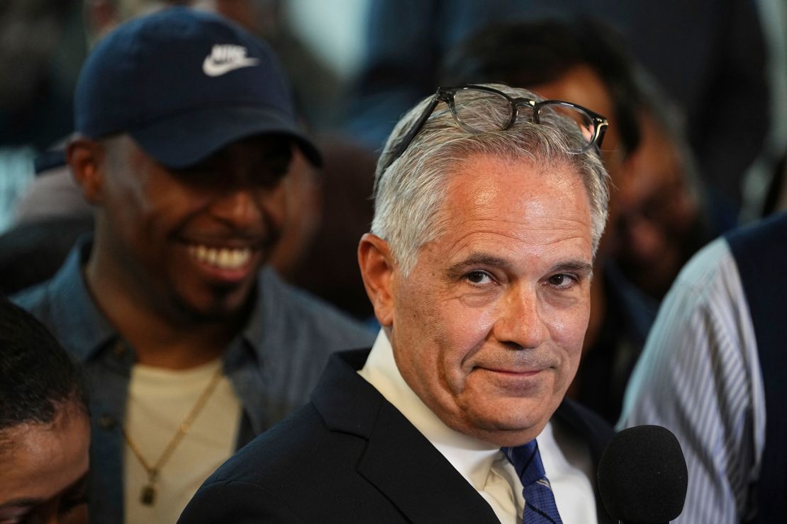 Philadelphia District Attorney Larry Krasner speaks during a primary election night event in Philadelphia on Tuesday.