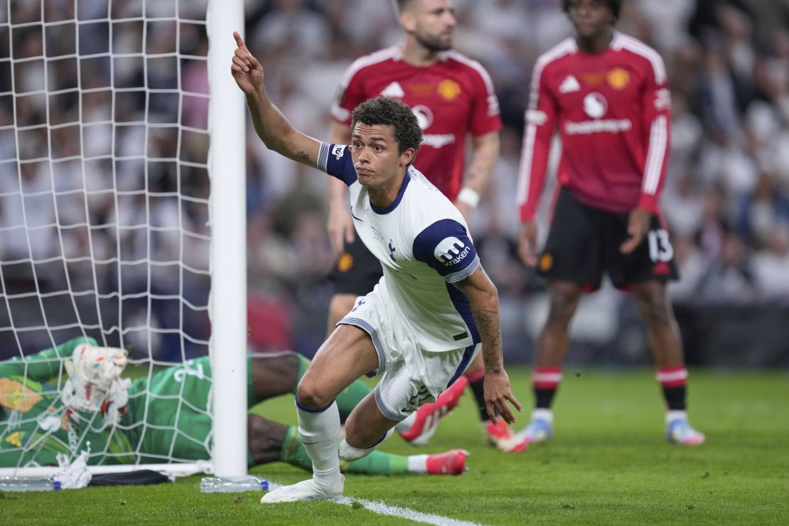 Tottenham's Brennan Johnson scored the opening goal during the UEFA Europa League final versus Manchester United.