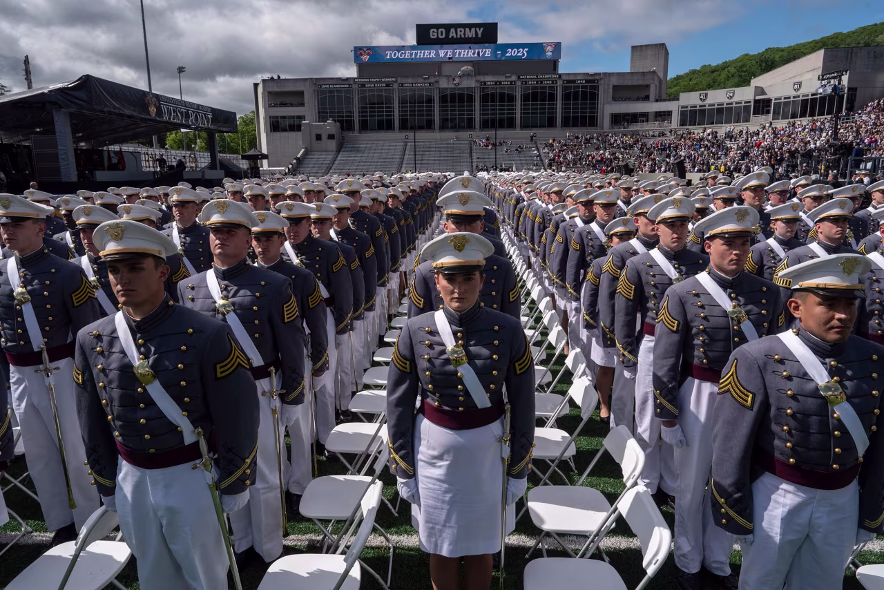 United States Military Academy graduating cadets line up during commencement ceremonies at West Point in New York on Saturday.