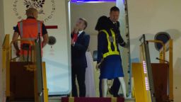 In this grab taken from video, France's President Emmanuel Macron prepares to disembark a plane on arrival, in Hanoi, Vietnam, Sunday, May 25, 2025. (AP Photo/Hau Dinh)