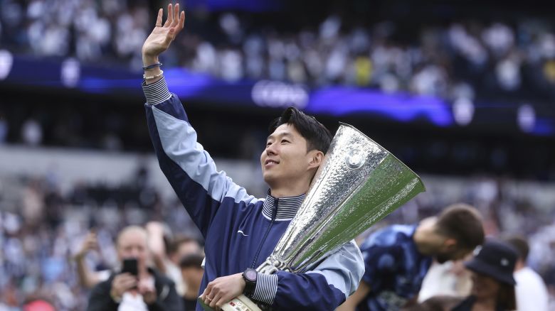 Son Heung-Min of Tottenham Hotspur with the Europa League Trophy after the Tottenham Hotspur vs Brighton and Hove Albion Premier League match at the Tottenham Hotspur Stadium, London, on May 25, 2025.