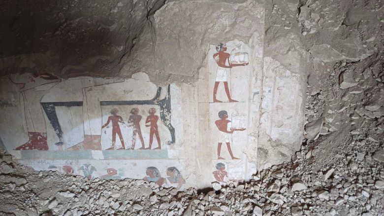 In this undated photo, hieroglyphs are revealed in the three new graves of senior statesmen found in the Dra' Abu al-Naga necropolis area in Luxor, Egypt. (Egypt Ministry of Tourism and Antiquities via AP)