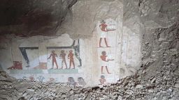 In this undated photo, hieroglyphs are revealed in the three new graves of senior statesmen found in the Dra' Abu al-Naga necropolis area in Luxor, Egypt. (Egypt Ministry of Tourism and Antiquities via AP)