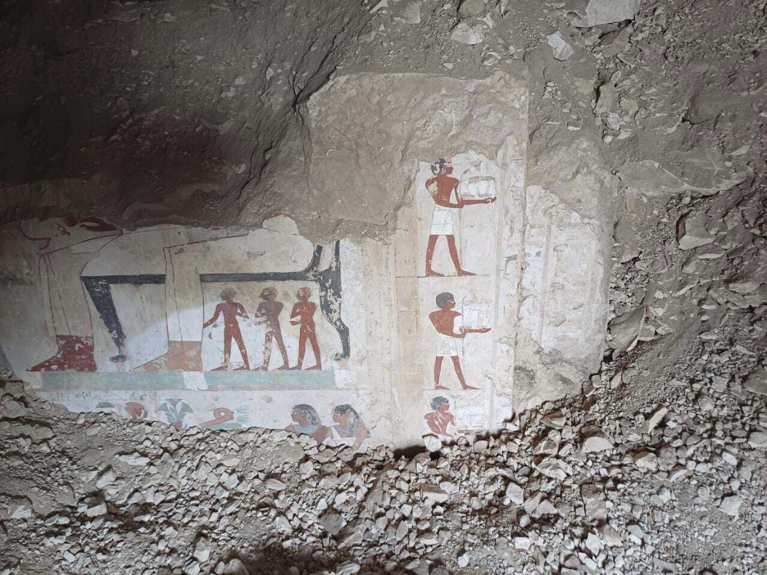 Hieroglyphs are revealed in the three new tombs found in the Dra' Abu el-Naga necropolis area in Luxor, Egypt.