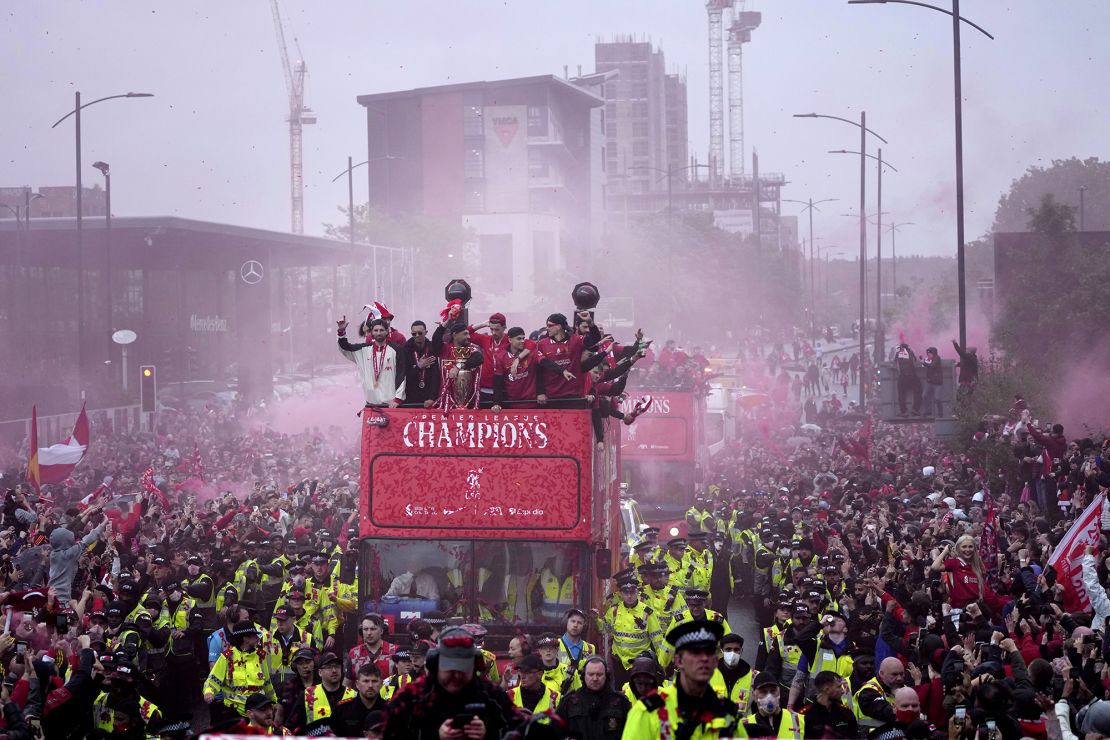 Liverpool's players celebrated atop a bus during Monday's celebration.
