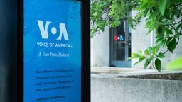 The Voice of America building in Washington, DC on Tuesday, April 27, 2025. President Donald Trump recently fired hundreds of VOA employees, with cuts scheduled to continue after an appeals court ruling. (Photo by Annabelle Gordon/Sipa USA).(Sipa via AP Images)