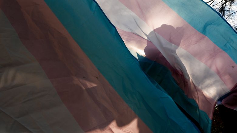 FILE - A protester is silhouetted against a trans pride flag during a pro-transgender rights protest outside of Seattle Children's Hospital, Feb. 9, 2025, in Seattle. (AP Photo/Lindsey Wasson, file)
