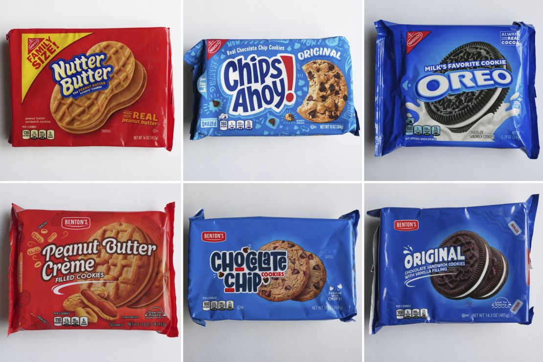 This combo of images shows, top row from left, Mondelez's products Nutter Butter, Chips Ahoy! and Oreo cookies; bottom row from left, shows Aldi’s products, Peanut Butter Creme, Chocolate Chip Cookies and Original Chocolate Sandwich Cookies with Vanilla.