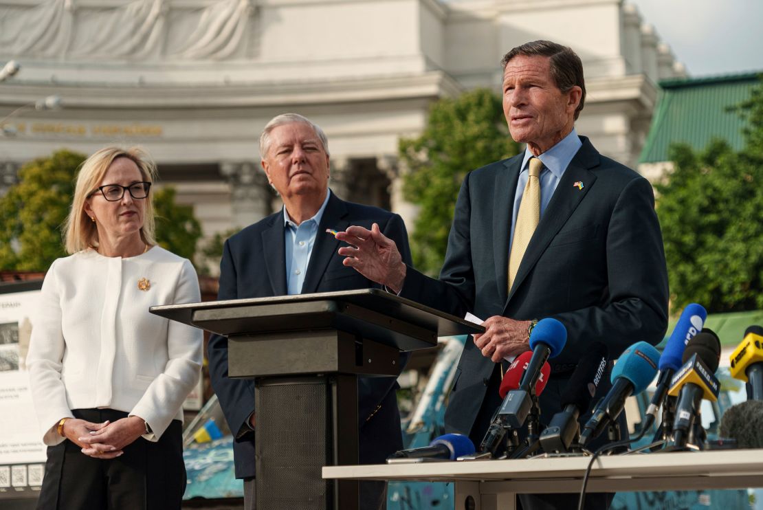 Sen. Lindsey Graham (center) and Sen. Richard Blumenthal (right) speak during a press conference in Kyiv, Ukraine, on May 30, 2025.