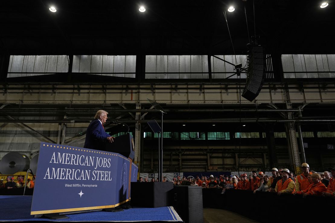 President Donald Trump speaks at US Steel's Mon Valley Works-Irvin plant, on May 30, at which he announced the doubling of steel and aluminum tariffs.