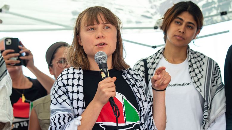Climate activist Greta Thunberg with other activists from a human rights organization meets with journalists in Catania, Italy on June 1, 2025 before setting sail towards Gaza.