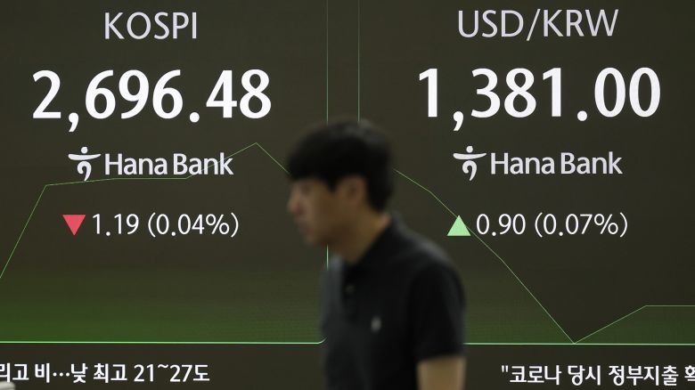 Screens showing South Korea's KOSPI stock index, left, and the foreign exchange rate between the US dollar and South Korean won in Seoul, South Korea on June 2.