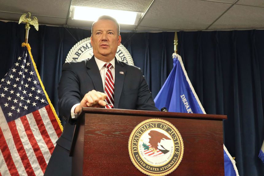 US Immigration and Customs Enforcement Acting Director Todd Lyons announces that his agency took nearly 1,500 immigrants into custody in Massachusetts over the month of May during a news conference in Boston, on June 2.