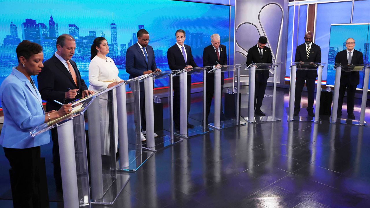 New York City mayoral candidates prepare to participate in a Democratic primary debate on Wednesday, June 4, 2025. (AP Photo/Yuki Iwamura, Pool)