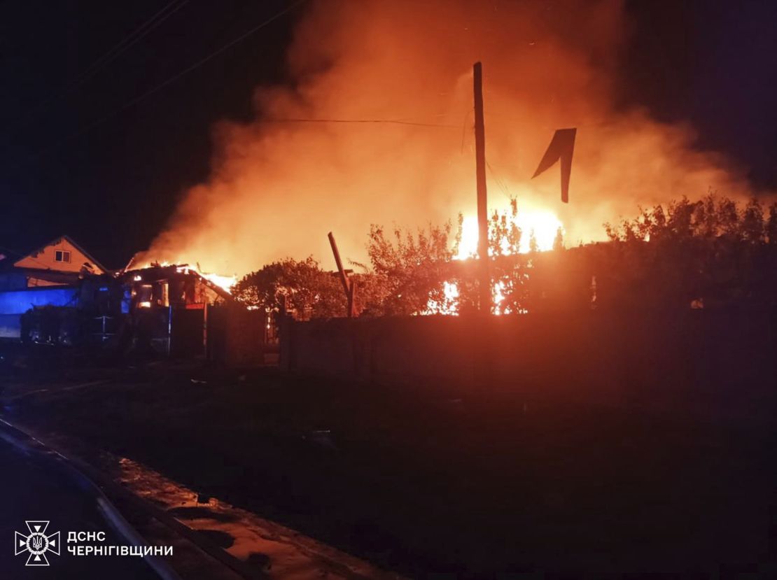 This photo provided by the Ukrainian Emergency Service shows the fire following Russia's drone attack in the city of Pryluky on June 5, 2025.