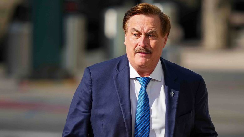 Mike Lindell walks into federal district court for a defamation trial on Thursday, June 5, 2025, in Denver. (AP Photo/Jack Dempsey)