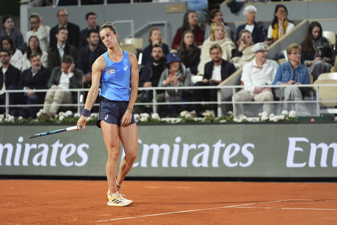 France's Lois Boisson reacts as she plays against Coco Gauff of the U.S. during their semifinal match.