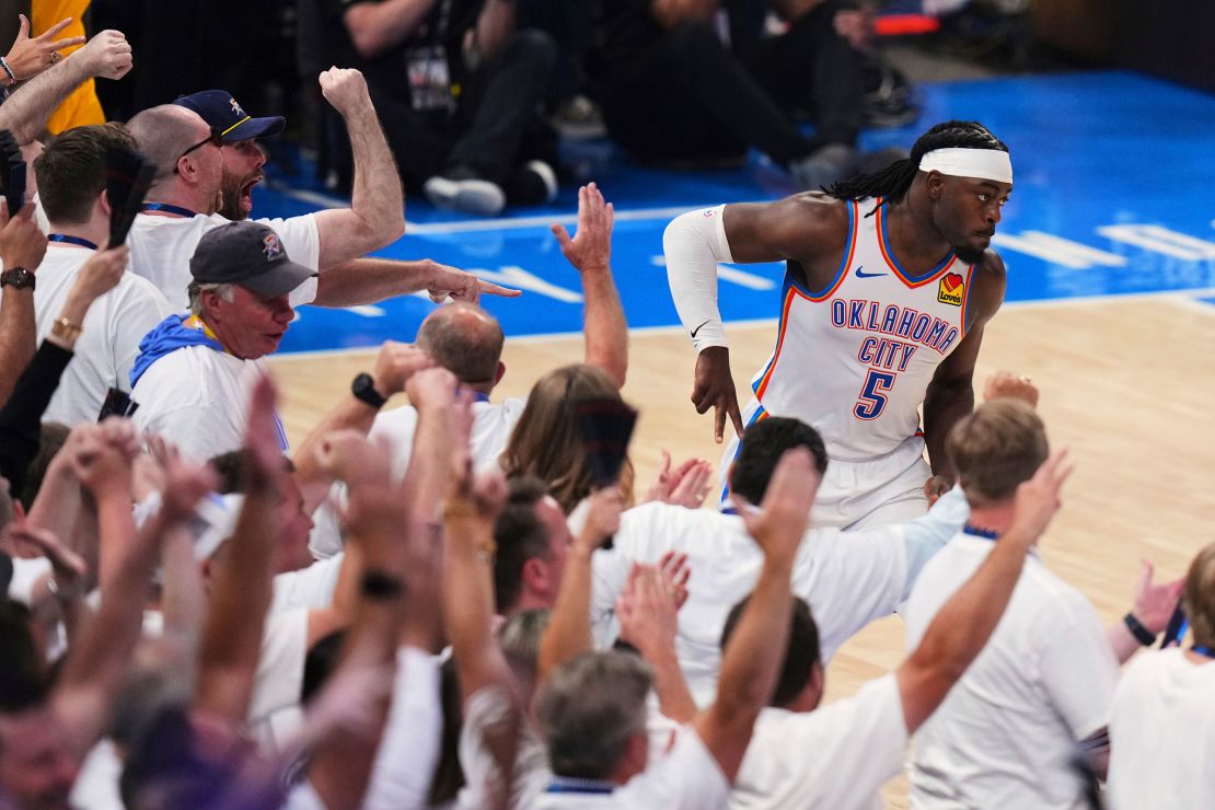 Oklahoma City Thunder guard Luguentz Dort celebrates after making a 3-pointer during the first half.