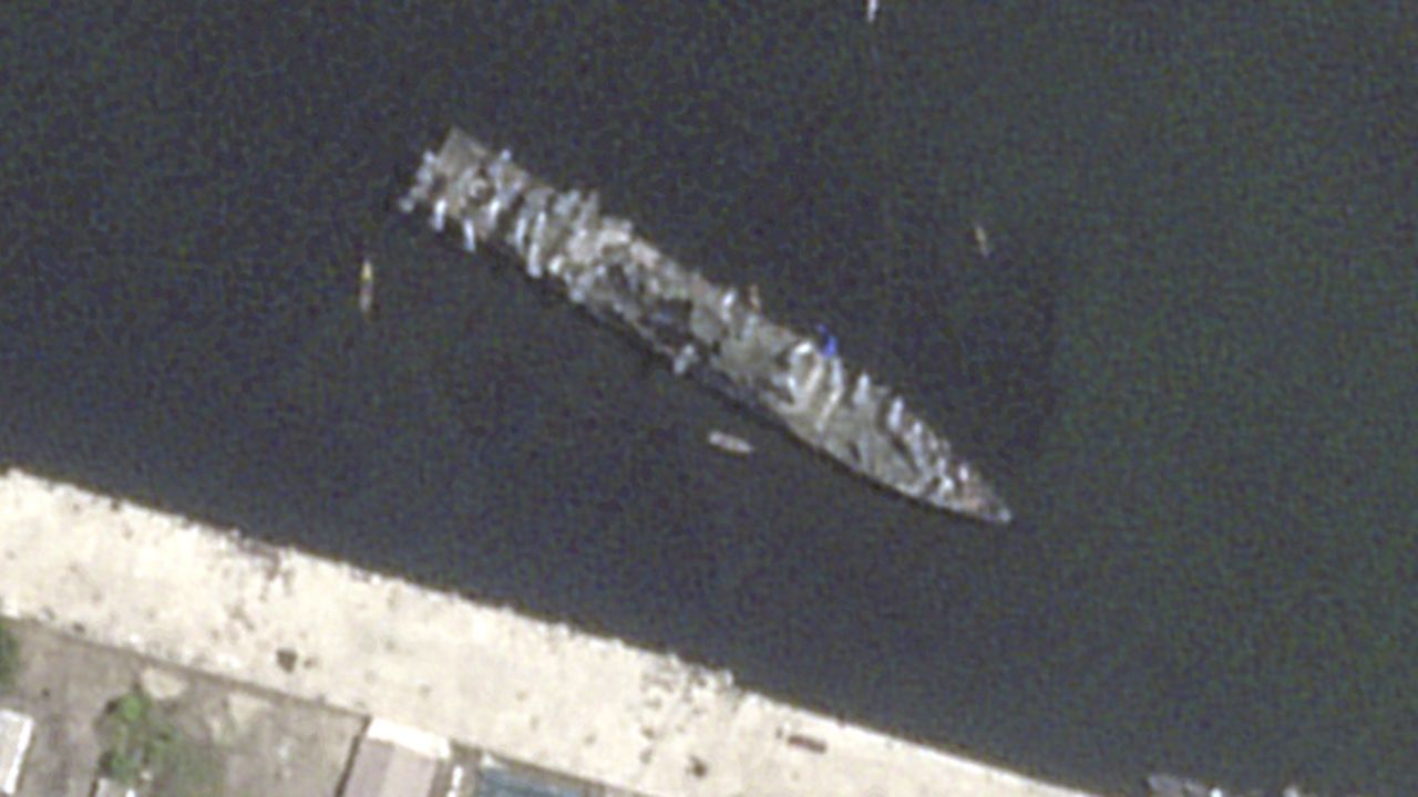 This satellite image from Planet Labs PBC shows a refloated North Korean destroyer after it suffered a failed launch while it was being put to sea in Chongjin, North Korea, Thursday, June 5, 2025. (Planet Labs PBC via AP)