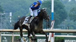 Jockey Junior Alvarado reacts aboard Sovereignty (2), as he crosses the finish line to win the 157th running of the Belmont Stakes horse race, Saturday, June 7, 2025, in Saratoga Springs, N.Y.