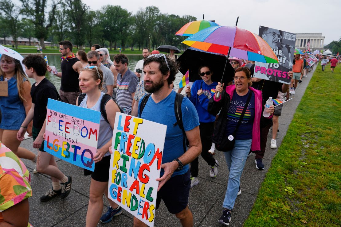 People attend the World Pride Rally and March at the Lincoln Memorial, Sunday, June 8, 2025, on the National Mall in Washington.