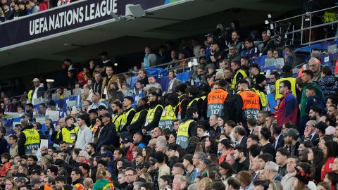 Match stewards form a line at the stands during the Nations League final soccer match between Portugal and Spain at the Allianz Arena in Munich, Germany, on Sunday, June 8, 2025.