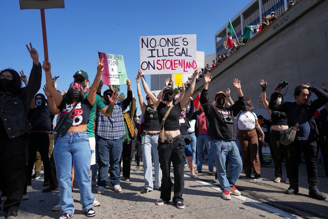 Protesters block the 101 Freeway in downtown Los Angeles on June 8, 2025.