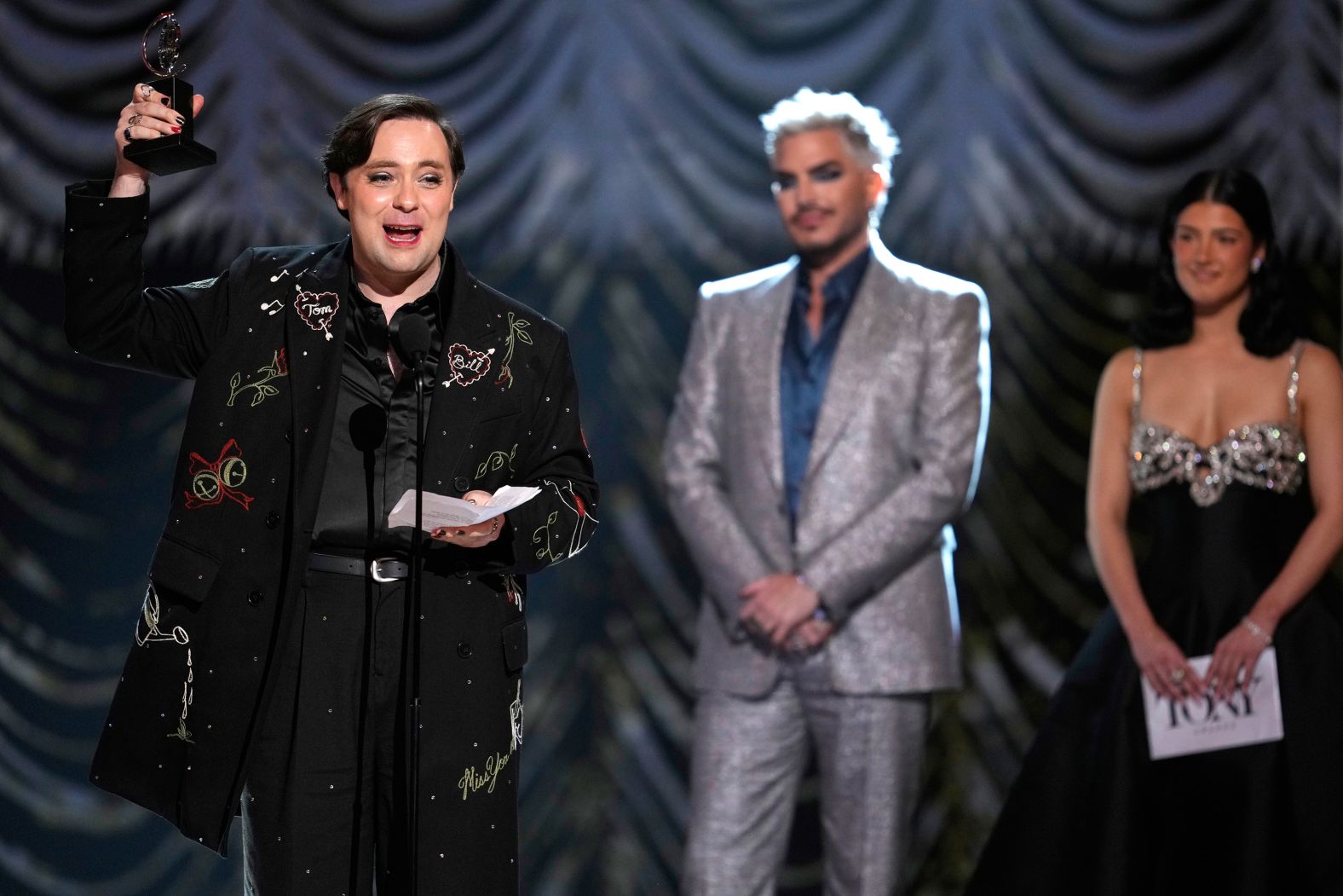Jak Malone accepts the award for best performance by an actor in a featured role in a musical for "Operation Mincemeat: A New Musical."